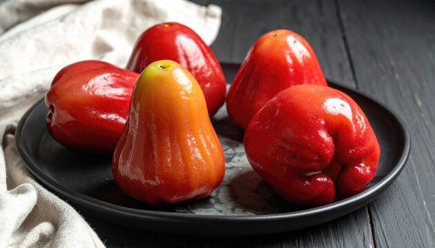 Fresh and juicy rose apples on a black plate vibrant red fruit healthy eating concept exotic refreshment delicious tropical food photography