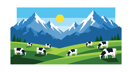 Fototapeta premium A tranquil alpine scene displays snow capped mountains a green pasture and grazing cows in bold silhouette high quality professional detailed modern