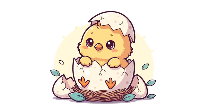 Cute little yellow chick hatching egg.