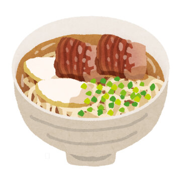 A watercolor illustration of Soki Soba, a traditional Okinawan noodle soup known for its rich broth and tender pork ribs