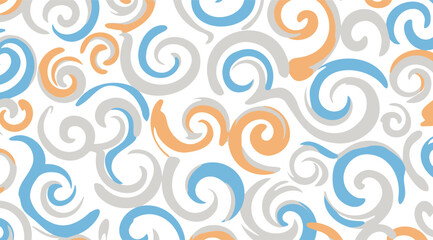 Fototapeta premium Seamless abstract pattern with colorful swirling shapes in blue, orange, and gray on white background.