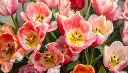 Obraz premium A close-up of a vibrant bouquet of pink tulips with yellow centers