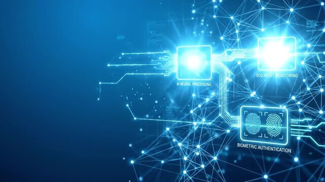 AI neural processing ECG heart monitoring biometric authentication digital network technology concept futuristic interface data connection blue background electronic circuit innovation medical