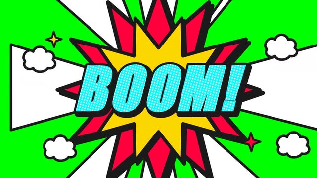 Energetic pop art explosion with vibrant 'BOOM!' text effect on a bright green chroma key screen, ideal for dynamic video transitions and impactful