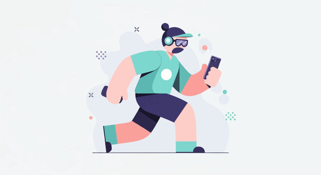 Animated figure running with headphones and phone, abstract background