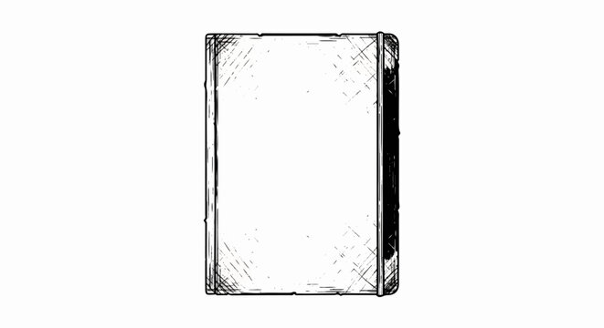 Black and white sketch of an open book with blank pages, drawn with rough lines