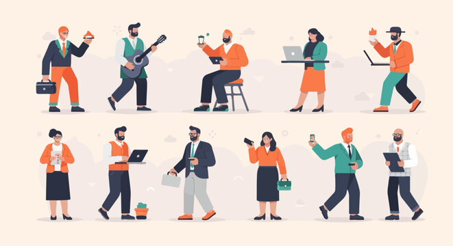 Diverse group of people working, playing music, and using technology