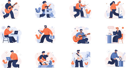 Fototapeta premium Twelve diverse individuals engaged in various activities, from playing instruments to using technology