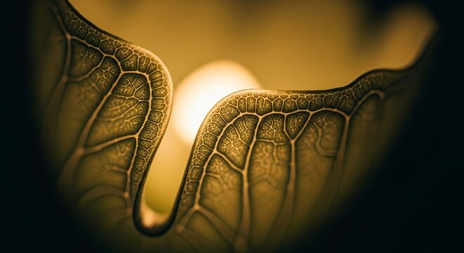 Sunlight filters through delicate leaf veins, creating a warm, natural glow.