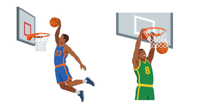 Two basketball players in mid air attempting layups during a game