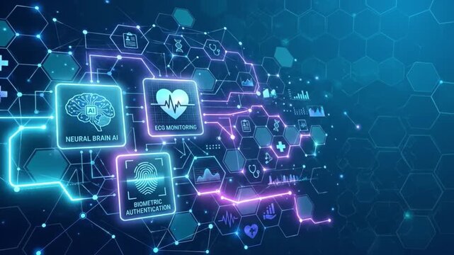 Neural brain AI ECG monitoring biometric authentication digital health technology futuristic interface medical data visualization glowing hexagonal network connection healthcare innovation electronic