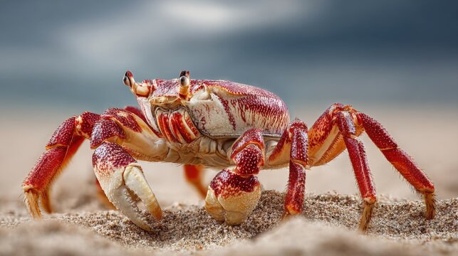 Close-up macro photography of a red and white ghost crab crawling on a sandy beach under a dramatic cloudy sky, featuring detailed textures of the crustacean shell and legs in a natural environment