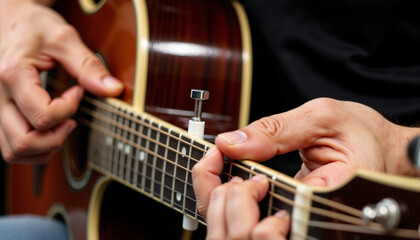 Fototapeta premium Hands adjusting guitar tuning pegs with clear finger anatomy in close-up 