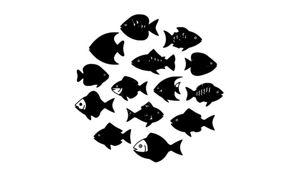 Colorful flat fish icon set arranged in circle seafood vector collection isolated on white background
