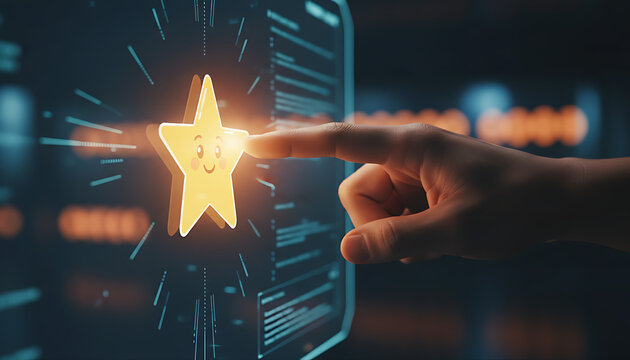Hand presses star rating on digital screen. Person gives feedback with glowing five star, app interface for customer satisfaction review. Online survey. Digital Review & User Satisfaction