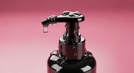 Naklejka premium Closeup of black pump dispenser bottle with water droplets on pink background liquid dripping from nozzle