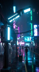 Fototapeta premium Cyberpunk Cityscape - Neon Lights and Rainy Streets.