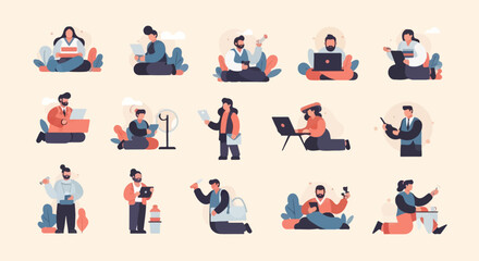 Fototapeta premium Flat illustration of people working and interacting with digital devices in a relaxed setting