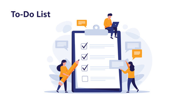 Team of tiny workers organizes their daily tasks on a giant paper to-do list with several checkboxes and speech bubbles.