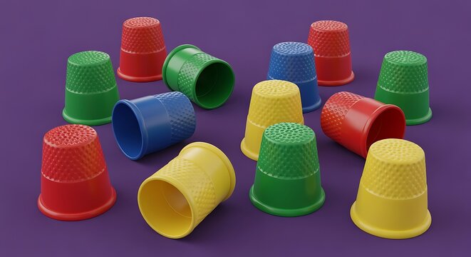 Colorful thimbles in red green blue and yellow plastic sewing protectors for fingers  thimble collection on purple background
