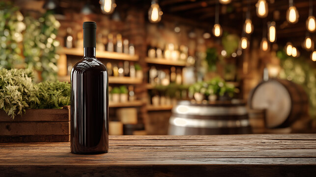 A bottle of red wine stands on a wooden table in a dimly lit winery with shelves of bottles and barrels in the background