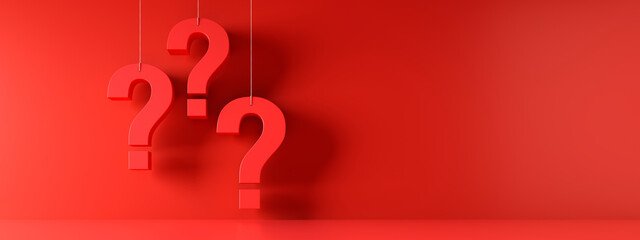 Three hanging white question marks in front of a red wall with copy space - 3D illustration