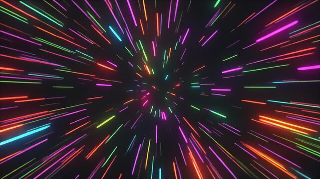 A vibrant, multicolored light streaks radially outward from a central point against a dark background