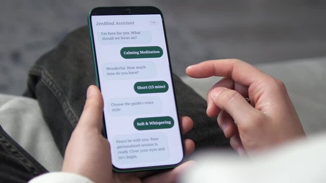 Smartphone screen showing mindfulness chatbot interface. High-quality footage of a person choosing meditation settings via a clean AI chatbot UI. Highlights digital therapy trends and personalized