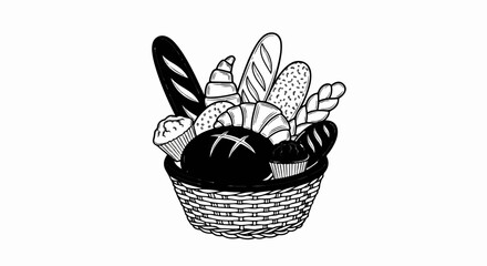 Obraz premium Black and white sketch of various baked goods overflowing from a wicker basket