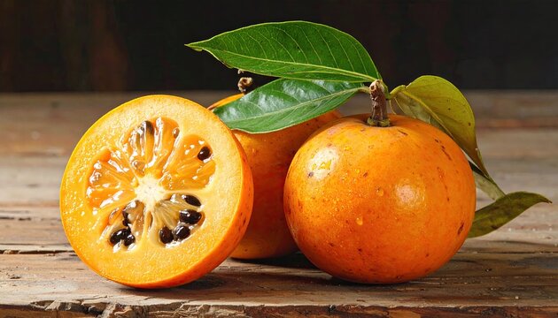 Freshly halved naranjilla fruit on a wooden surface displaying vibrant orange pulp with dark seeds alongside whole fruits and green leaves