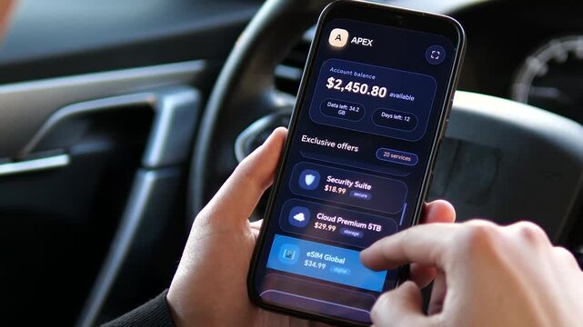 Person in Car Scrolling Through Premium 5G Mobile Plan Offers. POV of user in car scrolling through premium mobile plan offers. Showing 5G, Fiber, and Global Roaming options in a sleek dark mode UI