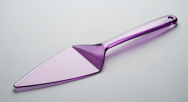Shiny purple metal pie server with long handle and pointed blade for serving slices of pie or cake  kitchen utensil for food preparation
