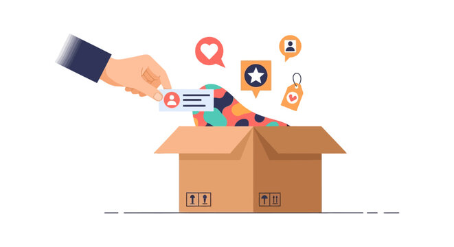 Personalized Customer Experience Delivery. Hand places user card into box with loyalty, engagement, and special offer icons.