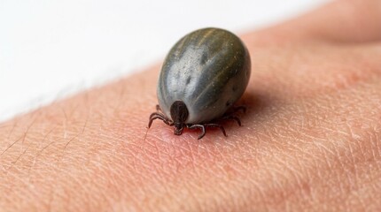 Close-up forest tick ingested into human skin Danger of infection