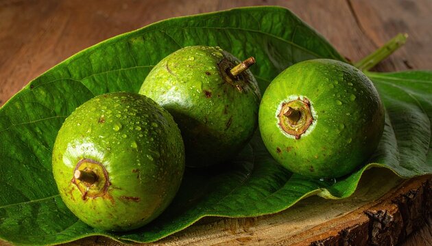 Freshly harvested green genip fruits resting on lush green leaf displaying water droplets vibrant colors and natural beauty