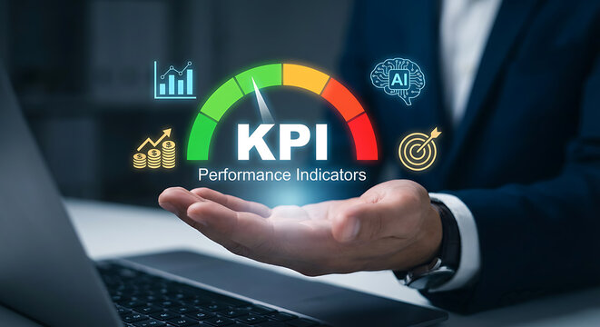Businessman using AI analytics tools and KPI report dashboards for data driven decision making, tracking growth performance. New concept