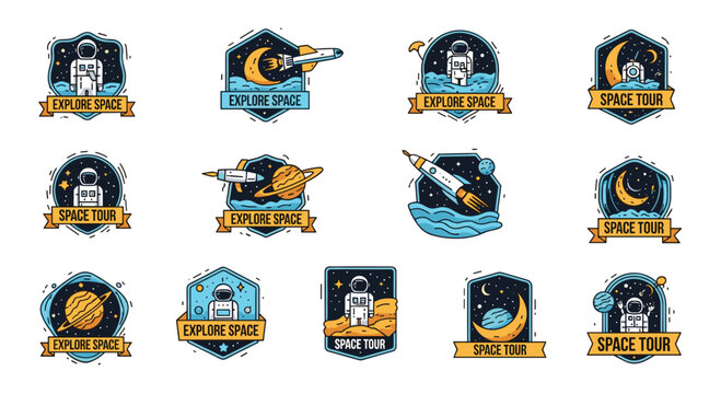 Collection of colorful space exploration patches and badges featuring astronauts, rockets, planets, and the moon.