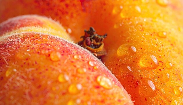 Macro shot of ripe apricots covered in water droplets showcasing the fruit's vibrant orange color and fuzzy texture for fresh food concepts