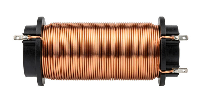 Industrial solenoid coil with copper winding on black plastic bobbin PNG
