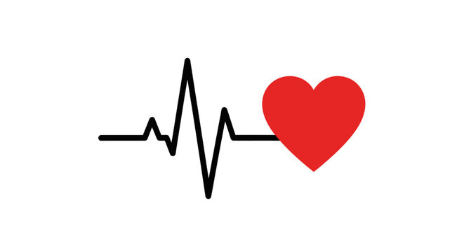 Electrocardiogram Heartbeat Line with Red Heart Symbol on Isolated White Background