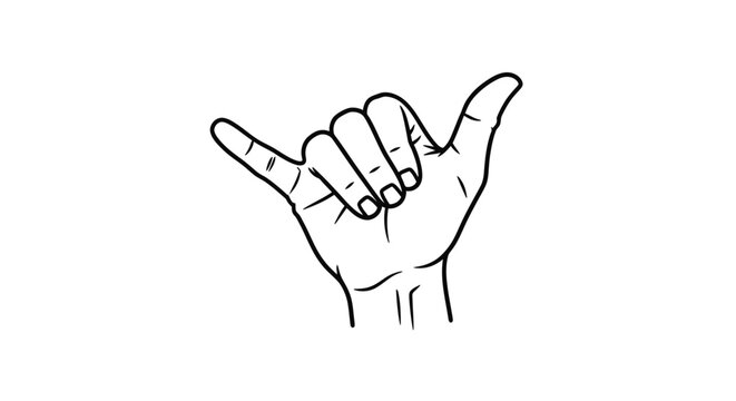 Black and white line art illustration of a hand making the shaka sign, with thumb and pinky extended.