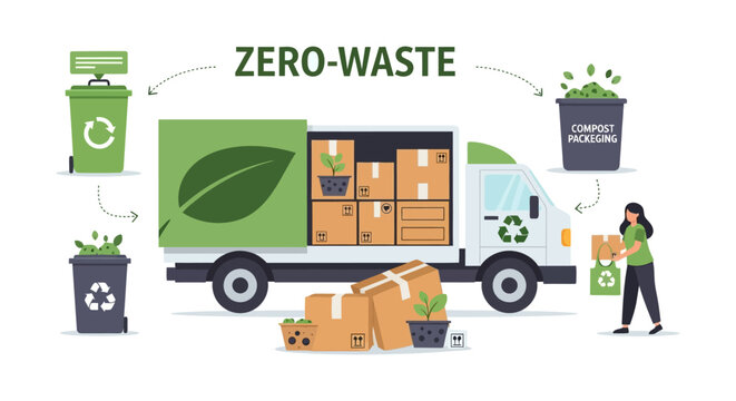 Sustainable Zero Waste Delivery Logistics. Eco-Friendly Packaging & Recycling Process. Green Transportation & Environmental Protection Concept.
