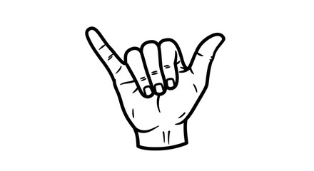 Obraz premium Hand Showing Shaka Hang Loose Gesture Line Art on Isolated White Background