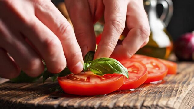Hands placing fresh basil leaves onto sliced red tomatoes on a rustic wooden board, preparing a healthy meal.