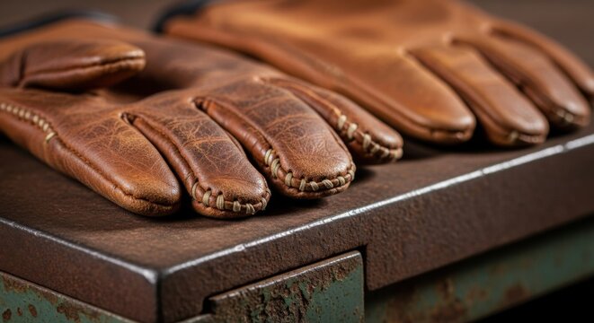 Leather work gloves resting on a metal surface.