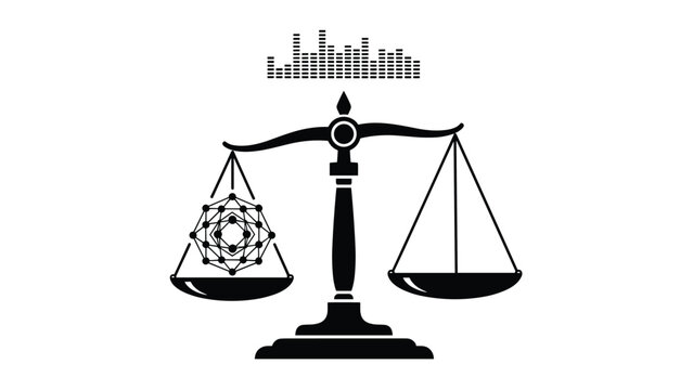 Scales of justice balancing a complex geometric shape against an empty pan, with an equalizer above, representing balance, fairness, or data analysis.