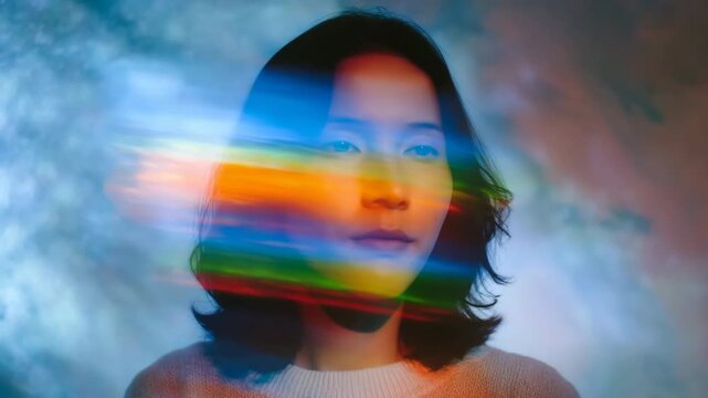 Abstract portrait of asian female with colorful light patterns