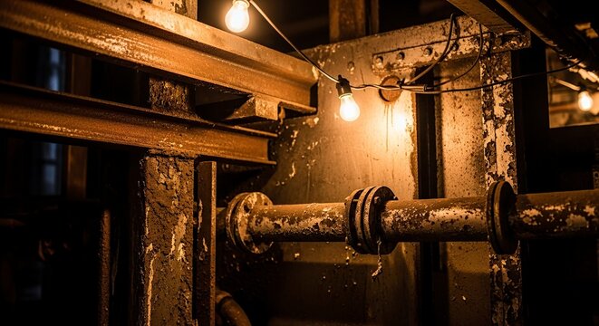 Industrial pipes and lights in a dimly lit space.
