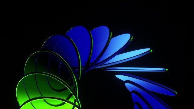 3d Looped Animation of glass rotating circles with colorful reflections. 
