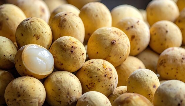 Pile of fresh yellow lanzones tropical fruits with translucent white segments ready to eat delicious and healthy snack natural light